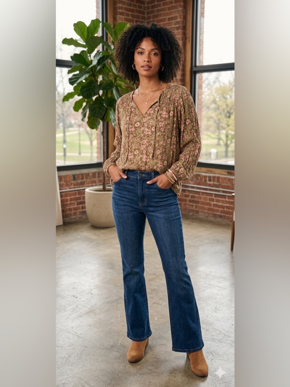 Jessica Simpson Olive Floral Boho Blouse | XXL |‎ Long Sleeve V-Neck